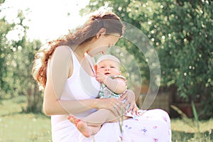 Mom and baby.the concept of a happy motherhood.photo with copy space