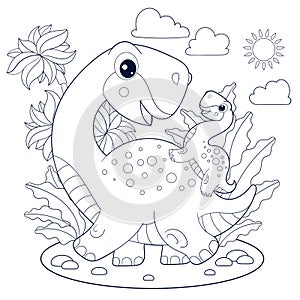 Mom and baby dinosaur. Black and white line drawing. Vector