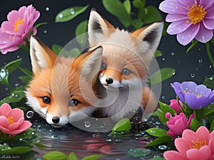 a mom and baby foxes going through the water to the jungle