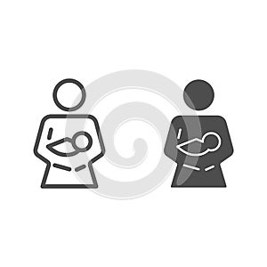 Mom and baby line and solid icon, maternity concept, Mother holding baby with her arms vector sign on white background