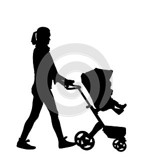 Mom and baby in pram daughter walking shape shadow. Love tenderness in public.