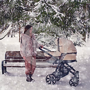 Mom with a baby in a stroller in nature near the trees in the snow. A mother woman with a stroller for a child stands at a bench