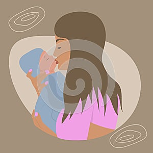 Mom and baby. Vector Illustration Of Mother Holding Baby Son In Arms and kissing him. Happy Mother`s Day Greeting Card