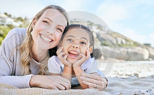 Mom, beach and girl lying for portrait with love, smile or happy for adoption, outdoor or sunshine. Woman, mother and