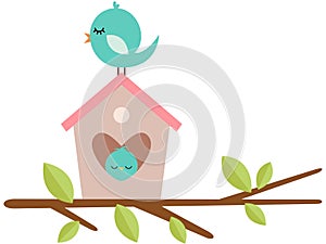 Mom bird and little bird on cage