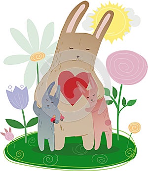 Mom Bunny together with leverets in flowers vector