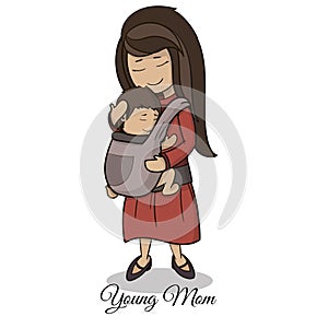 mom carrying a child using a handy device baby carrier, baby wearing and attachment parenting concept