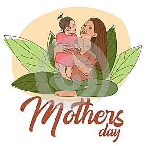 Mom and child celebrate happy Mother's Day, holding hands and surrounded by large green leaves. Mom holds a girl