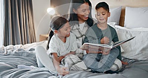 Mom, children and book for reading on bed, smile and learning together for language, high five or home. Bedroom, mother