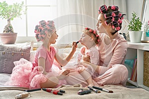 Mom and children doing makeup