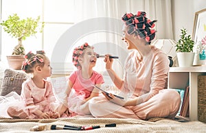 Mom and children doing makeup