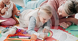 Mom, children and drawing on living room floor for bonding, teaching and learning together. Color pencil, paper and art