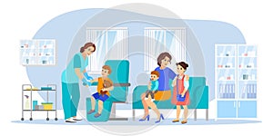 Mom with children makes vaccinations, vector illustration. Healthcare, infection prevention, family immunization concept