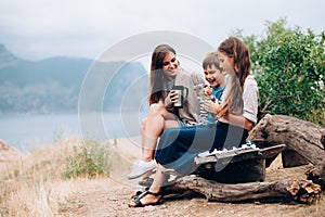 Mom with children walking outdoor