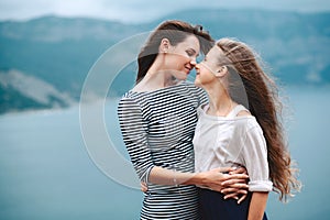 Mom with children walking outdoor