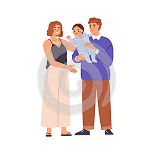 Mom, dad and baby. Happy parents holding infant. Only-child family. Mother, father and cute kid in hands. Smiling wife