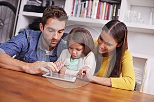 Mom, dad and child in home with tablet for teaching, learning and support in education with love. Elearning, digital app
