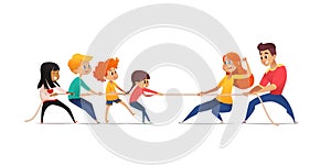 Mom, dad and children pulling opposite ends of rope. Tug of war competition between parents and their kids. Concept of