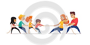Mom, dad and children pulling opposite ends of rope. Tug of war competition between parents and their kids. Concept of photo