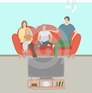 Mom and Dad, Daughter and Son Watching TV Vector