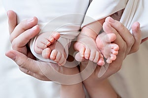 Mom and dad hands hold small legs of their two newborn twin babies