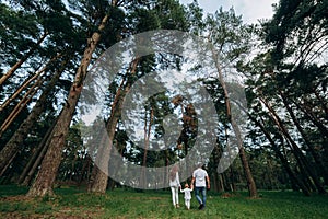 Mom, Dad holding hands Daughter, running on park background. Beautiful happy young family on a walk in summer forest park. Close