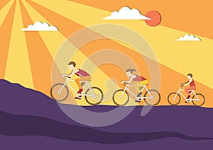 Mom, Dad and kids ride bikes on sunset backgrounds,Sport family, illustrations