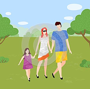 Mom, dad and little daughter walk in the park and hold hands. Woman in sunglasses. Greenery spaces