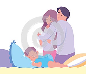 mom and dad taking care baby in bed