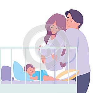 mom and dad taking care baby in bed