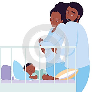 mom and dad taking care baby in bed