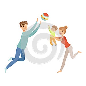 Mom, dad and their little son playing ball together, happy family and parenting concept vector Illustration on a white