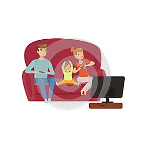 Mom, dad and their little son sitting on the sofa and watching TV, happy family and parenting concept vector