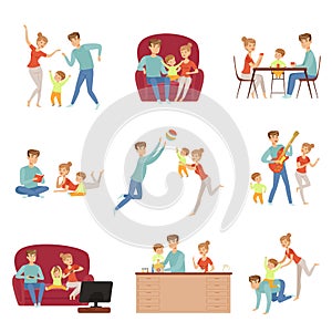 Mom, dad and their little son spending time together set, happy family and parenting concept vector Illustration on a