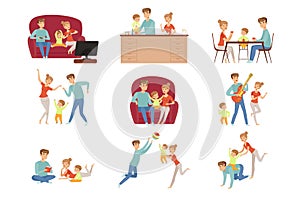 Mom, dad and their little son spending time together set, happy family and parenting concept vector Illustration on a