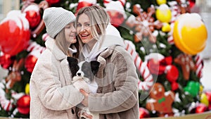 mom and daughter with dog Papillon near Christmas tree on street. photo shoot