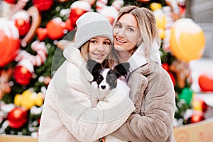 mom and daughter with dog Papillon near Christmas tree on street. photo shoot