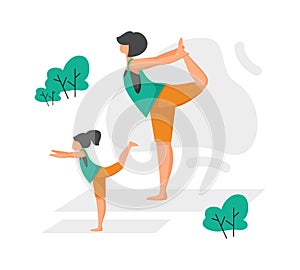 Mom and daughter doing yoga in park. Woman and girl training together outdoor. Parent with child standing in asana