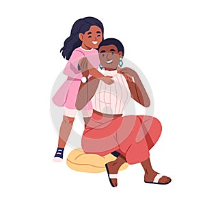 Mom and daughter hugging. Happy African-American mother and little girl. Black woman and kid. Child embracing parent