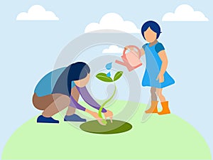 Mom and daughter planted a plant, agronomy. In minimalist style. Flat isometric vector