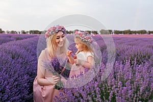 Mom and daughter play and frolic in a lavender field