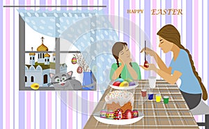 Mom and daughter prepare easter eggs