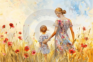 Mom and daughter walk on the field with poppies