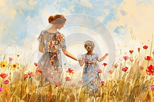 Mom and daughter walk on the field with poppies