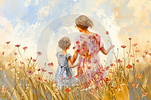 Mom and daughter walk on the field with poppies