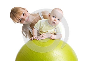 Mom doing exercises on a fit ball with baby.