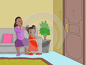 mom and doughter looking at there was a knock on the door illustration