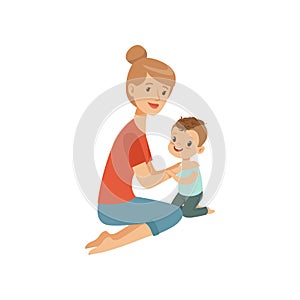 Mom embracing her son, mother hugging her child, happy parenting concept vector Illustration on a white background