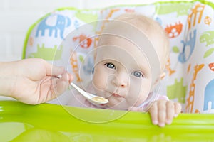 Mom feeds the baby with a spoon