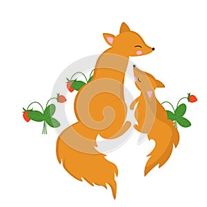 Mom is a fox and a little fox in a strawberry glade. Vector illustration for children. Wild animals.